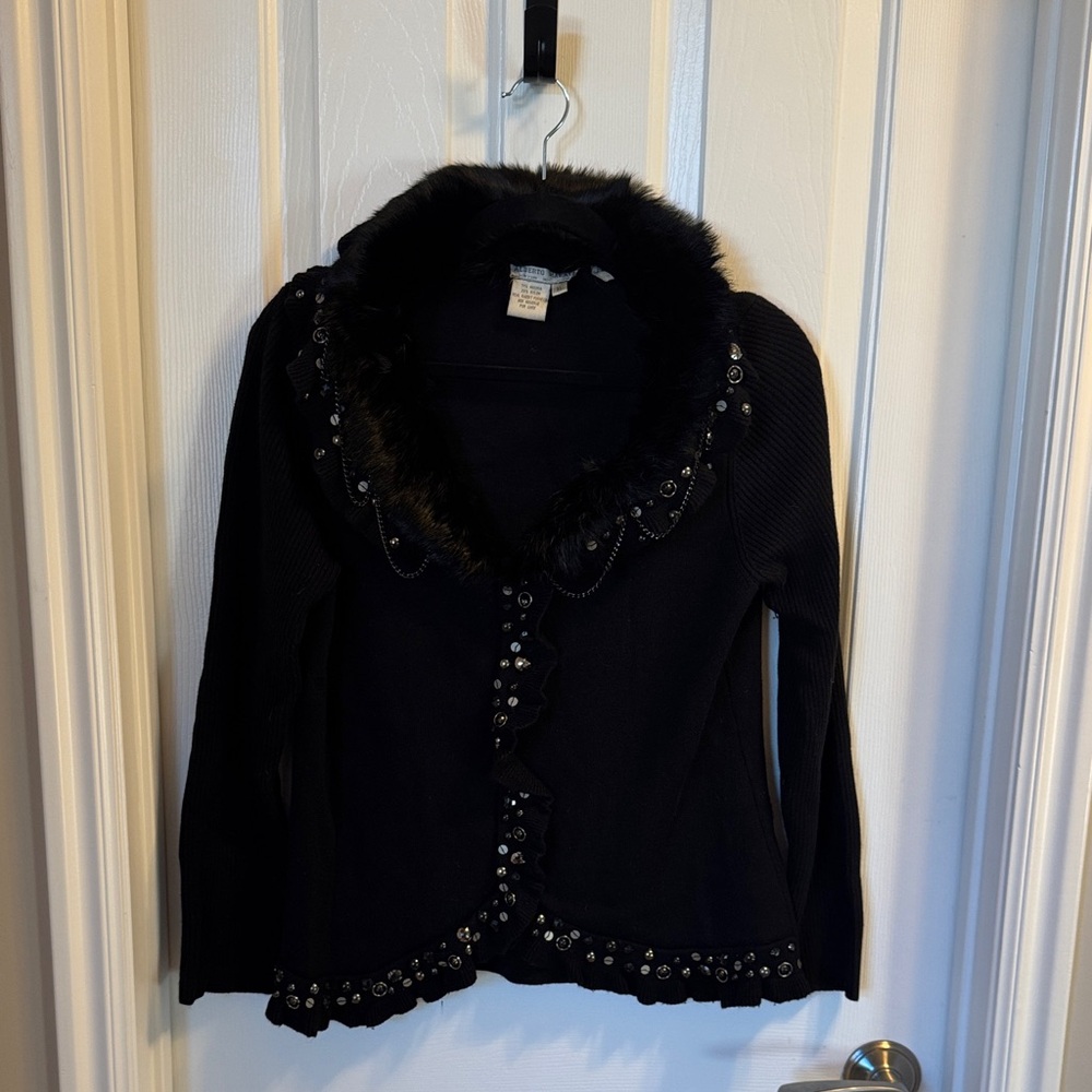 Alberto Makali Black Fur-Trimmed sweater with bling